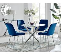 Selina Round Glass Chrome Leg Dining Table and Pesaro Silver Leg Chairs FurnitureboxUK Navy 4 Person