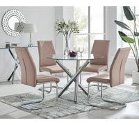 FurnitureboxUK Selina Round Glass & Chrome Metal Dining Table & Lorenzo Chairs Set in Beige | Size: 2 Person FurnitureboxUK Beige 2 Person
