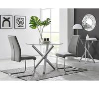 Selina Round Glass And Chrome Metal Dining Table And Lorenzo Chairs Set FurnitureboxUK Grey 4 Person