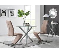 Selina Round Glass And Chrome Metal Dining Table And Luxury Willow Chairs Set FurnitureboxUK Beige 2 Person