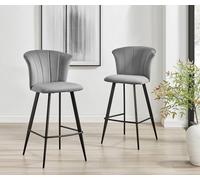 Furnitureboxuk Set Of 2 Juniper Soft Touch Velvet Fluted Art Deco Bar Stools With Black Metal Legs In Grey Grey One Size