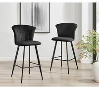 FurnitureboxUK Set of 2 Juniper Soft Touch Velvet Fluted Art Deco Bar Stools With Black Metal Legs FurnitureboxUK Black