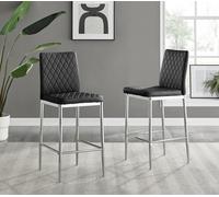 FurnitureboxUK Set of 2 Milan Hatched Faux Leather Padded Bar Stools With Silver Chrome Metal Legs in Black FurnitureboxUK Black