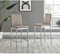 FurnitureboxUK Set of 2 Milan Hatched Faux Leather Padded Bar Stools With Silver Chrome Metal Legs in Beige FurnitureboxUK Beige