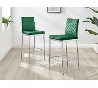 Furniturebox Set Of 2 Milan Green Diamond-Stiched Soft Touch Velvet Silver Chrome Leg Padded Bar Stools