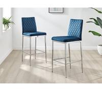 Furnitureboxuk Set Of 2 Milan Soft Touch Hatched Velvet Padded Bar Stools With Silver Chrome Metal Legs In Navy Navy One Size