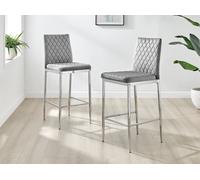 Furniturebox Set Of 2 Milan Grey Diamond-Stiched Soft Touch Velvet Silver Chrome Leg Padded Bar Stools