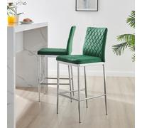 Furniturebox Milan 2X Green Velvet Silver Legs Bar Stools - Breakfast Bar Stools - Kitchen Bar Stools - Bar Chairs