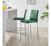 Furniturebox Set Of 2 Milan Green Diamond-Stiched Soft Touch Velvet Silver Chrome Leg Padded Bar Stools