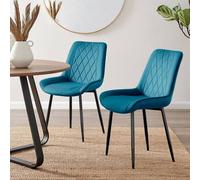 Set of 2 Pesaro Luxury Velvet Dining Chairs With Diamond Stitched Back And Black Metal Legs FurnitureboxUK Blue One Size