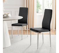4 x Milan Silver Leg Hatched Upholstered Faux Leather Kitchen Dining Chairs - Black with Chrome Legs
