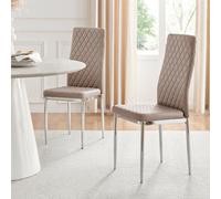 FurnitureboxUK Set of 4 Milan High Back Soft Touch Diamond Pattern Faux Leather Dining Chairs With Silver Chrome Metal Legs in Beige FurnitureboxUK Beige