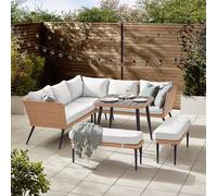Furnitureboxuk Seychelles 9 Seater Outdoor Garden Sofa Set - Pe Rattan & Wood Effect Garden Sofa & Table - 5 Seater Corner Sofa, 2 Benches, Garden Table - Boho Garden Furniture Set In Light Beige Ligh