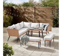 FurnitureboxUK Seychelles 9 Seater Outdoor Garden Sofa Set - PE Rattan & Wood Effect Garden Sofa & Table - 5 Seater Corner Sofa, 2 benches, Garden FurnitureboxUK Light Beige