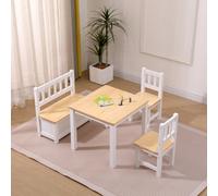 Furniturehmd 4 Piece Kids Table And Chair Set, Nursery Sets,bench With Hidden Storage Space,solid Pine Wood