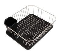 FurnitureXtra Stainless Steel Dish Drainer with Plastic Drip Tray and Cutlery Holder (Square Drainer Black)