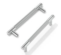 FURNIWARE 10 Pack Brushed Satin Nickel Knurled Cabinet Handles, 128mm(5 Inch) Hole Center, T-Shaped Silver Kitchen Cupboard Pulls for Drawer Dresser, Cupboard, Wardrobe
