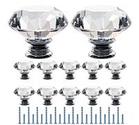FURNIWARE Clear Crystal Door Knobs, 12 Pcs 40mm Crystal Glass Door Drawer Knobs Diamond Cut Drawer Handles with 3 Sizes Screws for Cupboard Cabinet Wardrobe Home Decorating