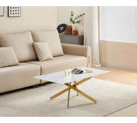 Furnizone UK Auric Rectangular White Marble Effect 110 Cm Glass Top & Gold Metal Legs Coffee Table