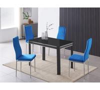 Furnizone UK Milano 4-Seater Black Glass Dining Table And 4 Monza Blue Velvet Chairs