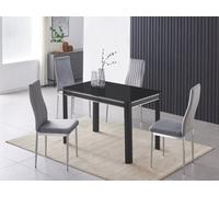 Furnizone UK Milano 4-Seater Black Glass Dining Table And 4 Monza Grey Velvet Chairs