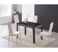 Furnizone UK Milano 4-Seater Black Glass Dining Table And 4 Monza Pink Velvet Chairs