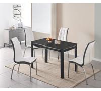 Furnizone UK Milano 4-Seater Black Glass Dining Table And 4 Vienna White Faux Leather Chairs