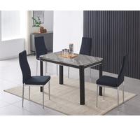 Furnizone UK Milano 4-Seater Grey Marble-Effect Glass Dining Table And 4 Monza Black Velvet Chairs
