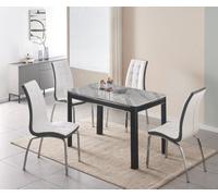 Furnizone UK Milano 4-Seater Grey Marble-Effect Glass Dining Table And 4 Vienna White Faux Leather Chairs