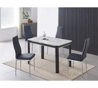 Furnizone UK Milano 4-Seater White Marble-Effect Glass Dining Table And 4 Monza Black Faux Leather Chairs