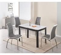 Furnizone UK Milano 4-Seater White Marble-Effect Glass Dining Table And 4 Vienna Grey Faux Leather Chairs
