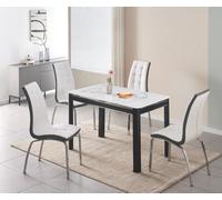 Furnizone UK Milano 4-Seater White Marble-Effect Glass Dining Table And 4 Vienna White Faux Leather Chairs