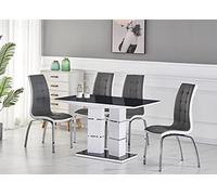 FURNIZONE UK Modern Tivoli Black Glass White High Gloss Dining Table and 4 Stylish Vienna Faux Leather Chairs Dining Set (Dining Table + 4 Vienna Grey Chairs)