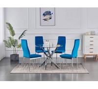 Furnizone UK Nexus 4-Seater 90Cm Round Clear Glass Dining Table And 4 Monza Blue Velvet Chairs