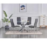 Furnizone UK Nexus 4-Seater 90Cm Round Clear Glass Dining Table And 4 Monza Grey Chairs Faux Leather Chairs