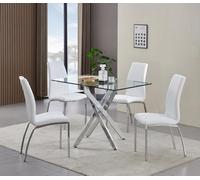 Furnizone UK Rexel 4-Seater 120Cm Rectangular Clear Glass Dining Table And 4 Modalux White Chairs Faux Leather Chairs