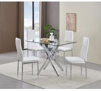 Furnizone UK Rexel 4-Seater 120Cm Rectangular Clear Glass Dining Table And 4 Monza White Chairs Faux Leather Chairs