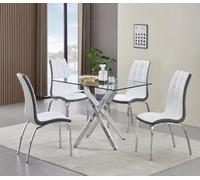 Furnizone UK Rexel 4-Seater 120Cm Rectangular Clear Glass Dining Table And 4 Vienna White Chairs Faux Leather Chairs