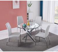 Furnizone UK Rolex 4-Seater 100Cm Round Clear Glass Dining Table And 4 Modalux White Chairs Faux Leather Chairs