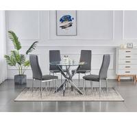 Furnizone UK Rolex 4-Seater 100Cm Round Clear Glass Dining Table And 4 Monza Grey Chairs Faux Leather Chairs