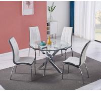Furnizone UK Rolex 4-Seater 100Cm Round Clear Glass Dining Table And 4 Vienna White Chairs Faux Leather Chairs