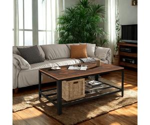 FURNOLD 2 Tier Industrial Rectangular Coffee Table With Storage Shelf