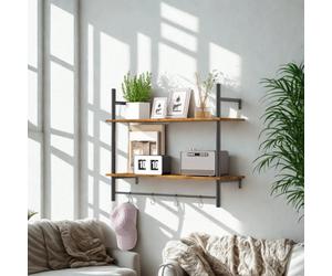 FURNOLD 2 Tier Wall Mounted Floating Shelf With Hanging Rail And Hooks