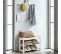 FURNOLD 3 Tier Bamboo Shoe Bench Rack With Coat Hooks White