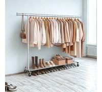 FURNOLD Heavy Duty Wide Extendable Metal Clothes Rail With Wheels Silver