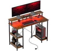 FURNOLD Industrial 120Cm Computer Desk With Usb Outlets, Led Lights, And Storage Shelves