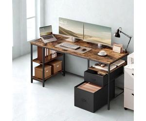 FURNOLD Industrial 140Cm Computer Desk With Storage Shelves And Drawer Rustic Brown