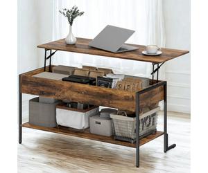 FURNOLD Industrial Lift Top Coffee Table With Storage Shelf Rustic