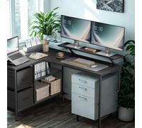 FURNOLD Industrial Rustic L-Shaped Corner Computer Desk With Drawers Black