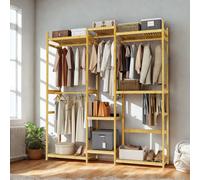 FURNOLD Large Wooden Clothes Rack Open Wardrobe With Storage Shelves